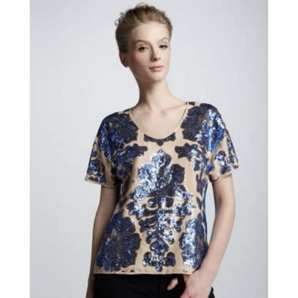 Tracy Reese Blue and Gold Sequin‎ Embellished Top Size S